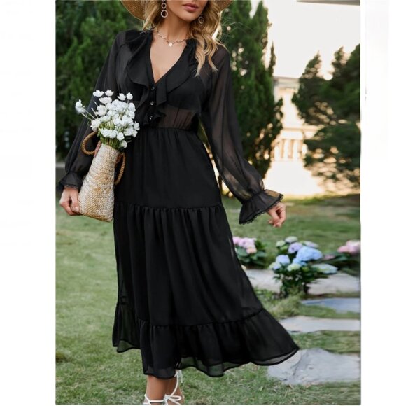 Zara | Chiffon Tiered, Ruffle collar V-neck Maxi‎ Dress Black | SZ Small Women's - Picture 1 of 15